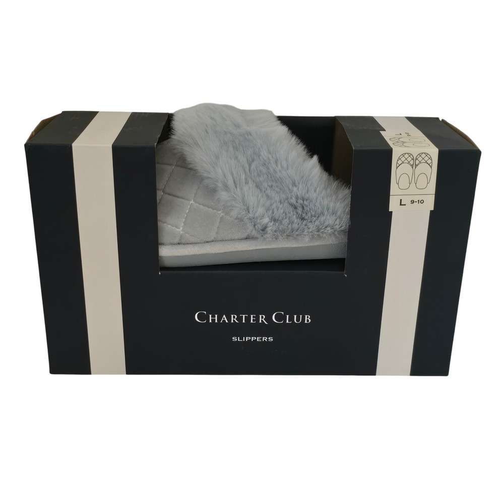 Charter Club Womens Blue Grey Quilted Faux Fur Trim Scuff Slippers Size 9/10 L